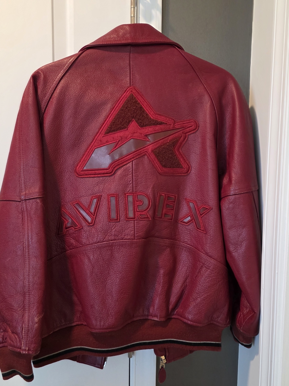 Avirex Red Leather Bomber Jacket with Logo Back